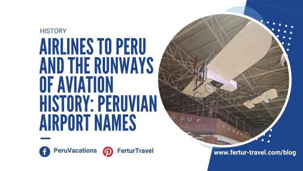 Blog header: title 'Airlines to Peru and the runways of aviation history: Peruvian airport names' with a circular photo of an airplane hangar on the right.