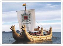 Plying the waters of Lake Titicaca aboard a totora reed sail boat as part of your Peru vacation package.