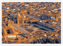 Aerial view of the city center of Cusco.