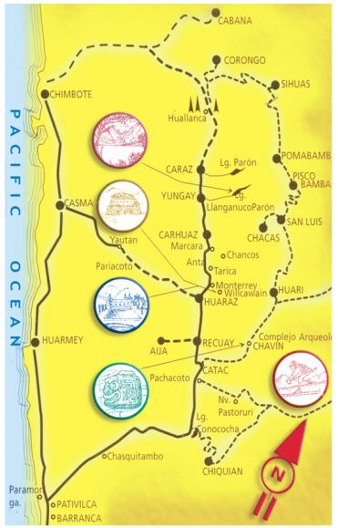 Huaraz Map: Recuay, Catac, Chiquian, Pativilca, Harmey, Casma, Huallanca, Caraz, Yungay, Carhuaz, Marcara, Anta, Pomabamba, Pisco Bamba, San Luis, Chacas, Huari, Chavin