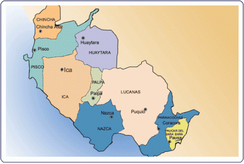Ica map: Chincha, Pisco, Ica, Huaytara, Palpa, Lucanas Nazca Puquio