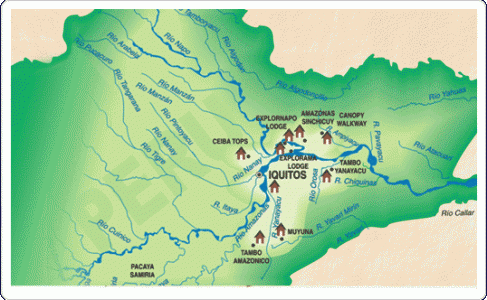 Iquitos Map: Muyuna, Explornapo, Explorama, Ceiba Tops, Sinchicuy