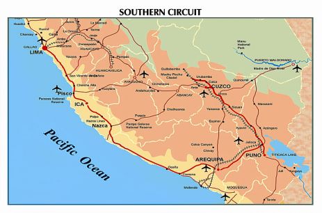 Map of the Peru Southern Circuit for a 16-day tour of Lima, the Ballestas Islands, Arequipa's Colca Canyon, Lake Titicaca, Cuzco's Sacred Valley, and Machu Picchu.