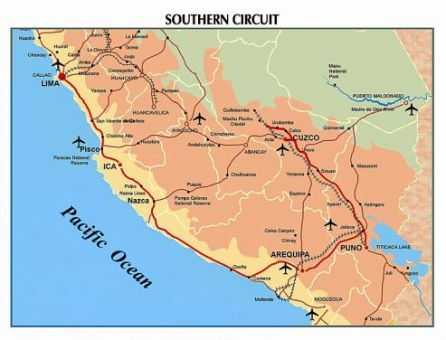 Mapa turístico con el circuito sur de Perú