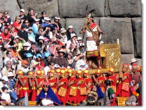 The Sapa Inca (Great Inca) is carried before crowds of spectators at the Inti Raymi festival in Cusco, Peru