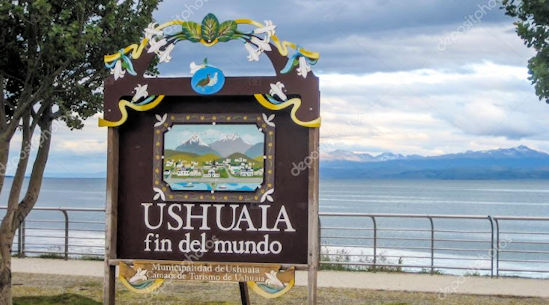 Sign for Ushuaia on Beagle Bay in the southern-most city of the world