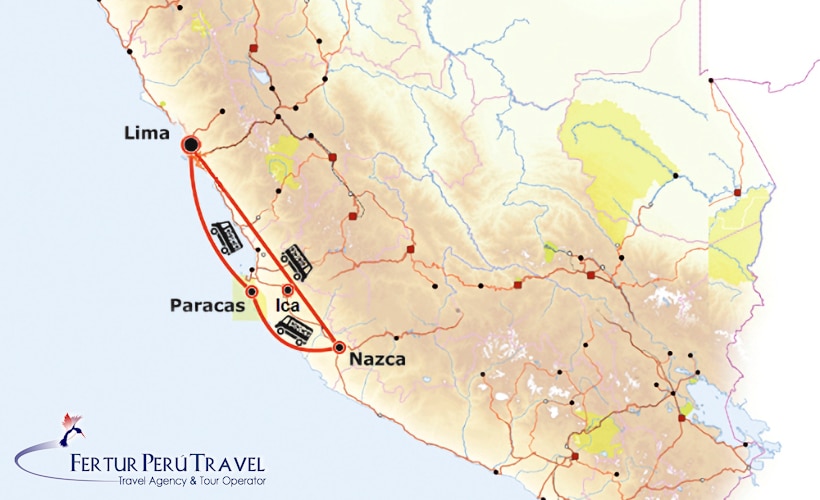 Tour Route Map Infographic: Tour route Lima - Ica - Nazca - Paracas - Lima