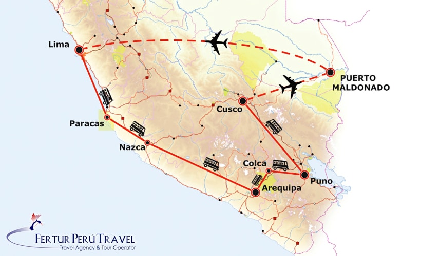 Tour Route Map: Infographic - Route map for 15-day tour package: Overland Lima, Paracas, Nazca, Arequipa, Colca Canyon, Puno, Cusco, Sacred Valley & Machu Picchu; Fly to Puerto Maldonado / Tambopata, return flight to Lima.