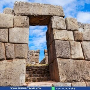 Massive interlocking stone blocks and trapezoidal doorway at Sacsayhuaman, an Inca archaeological site near Cusco