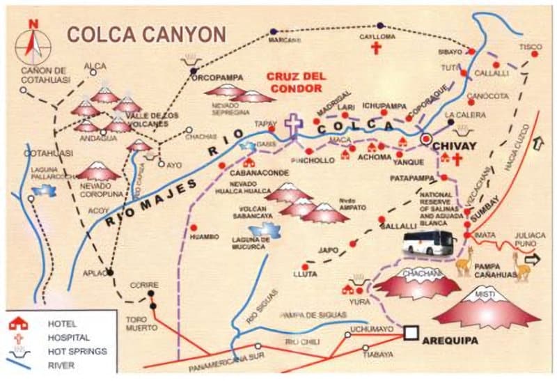 Mapa ilustrado de la región del Cañón del Colca cerca de Arequipa, Perú, con los sistemas fluviales del Río Colca, Río Majes y Río Cotahuasi, las principales poblaciones de Chivay, Cabanaconde, Yanque, Achoma y Maca, el mirador Cruz del Cóndor, los volcanes Misti, Chachani, Sabancaya, Ampato y Coropuna, la Reserva Nacional de Salinas y Aguada Blanca, la ubicación de aguas termales y las conexiones viales hacia Juliaca, Puno y la Panamericana Sur.