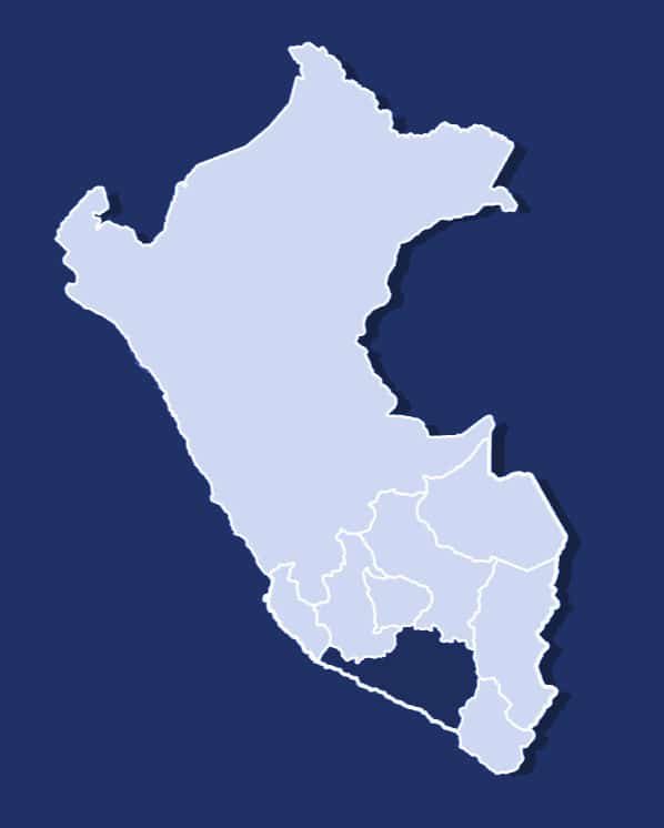 Mapa esquemático del Perú en azul claro sobre fondo azul marino oscuro, con los límites regionales del país visibles y las regiones del sur — incluyendo Arequipa — claramente delimitadas, como localizador geográfico de la región Arequipa en la costa sur del Pacífico peruano.