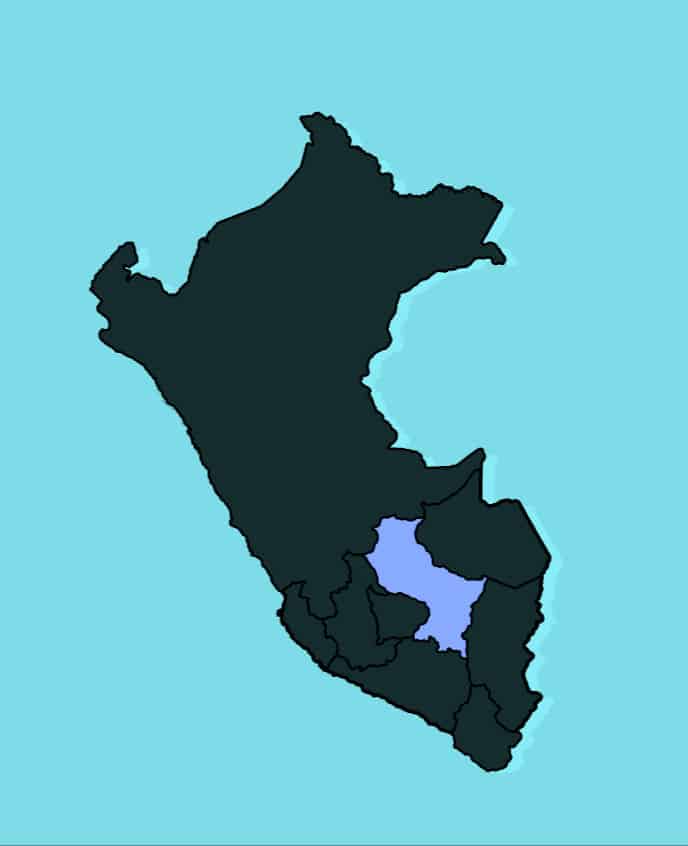 Outline map of Peru with the Cusco region highlighted, located in the south-central Andes, home to Machu Picchu, the Sacred Valley of the Incas, and the historic city of Cusco, the former capital of the Inca Empire.