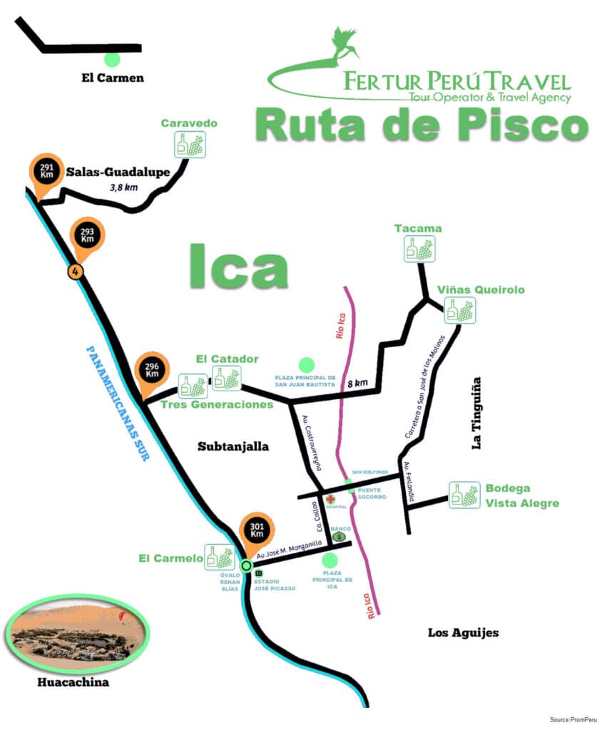 Mapa de la Ruta del Pisco en Ica, Perú, con la Panamericana Sur y la ubicación de ocho bodegas y destilerías — Caravedo, Salas-Guadalupe, El Catador, Tres Generaciones, Tacama, Viñas Queirolo, Bodega Vista Alegre y El Carmelo —, distancias marcadas desde Lima y el oasis de Huacachina en la esquina inferior izquierda. Fuente: PromPerú.
