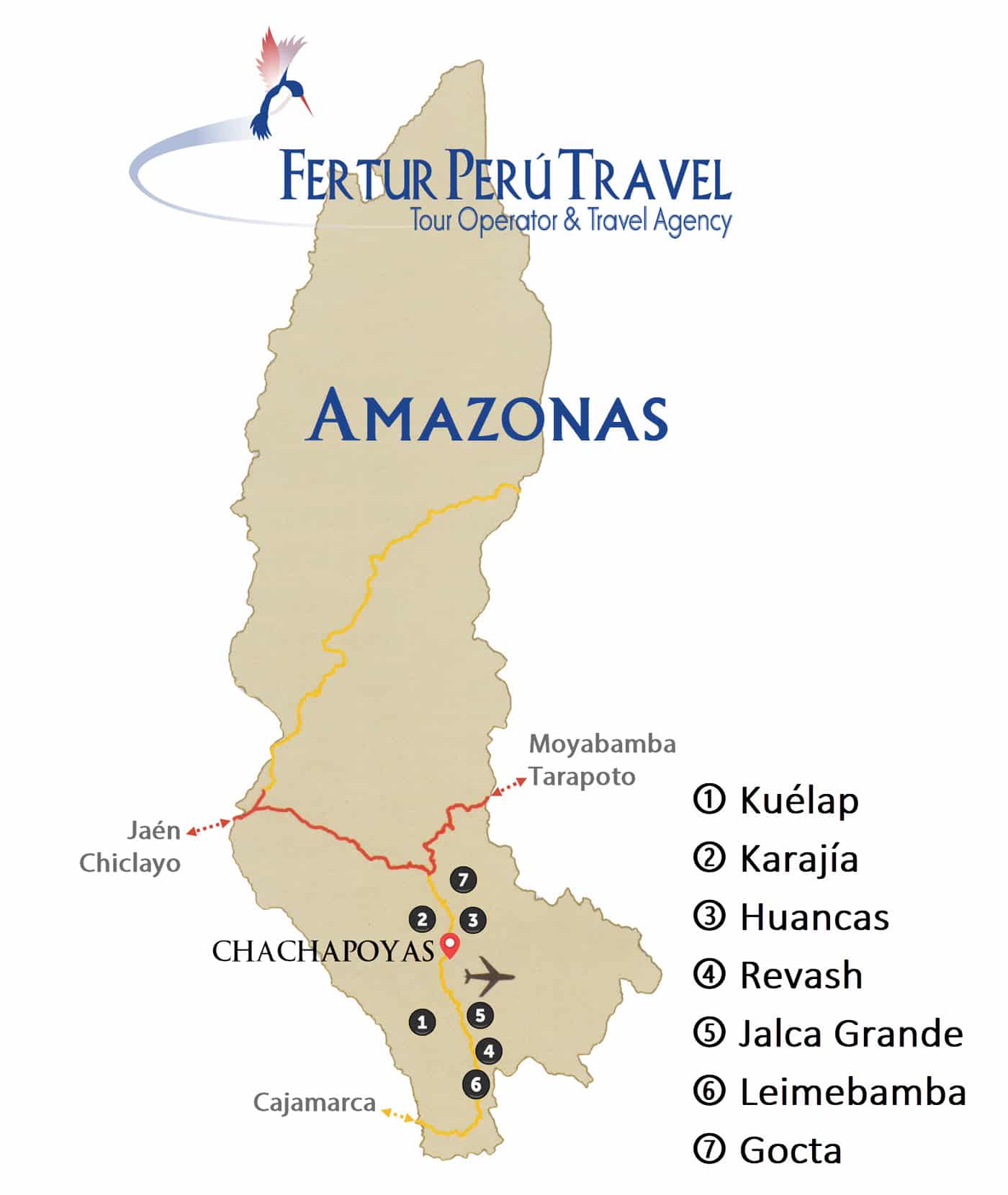 Mapa turístico infográfico de Chachapoyas: ① Kuélap, ② Karajía, ③ Huancas, ④ Revash, ⑤ Jalca Grande, ⑥ Leymebamba, ⑦ Gocta