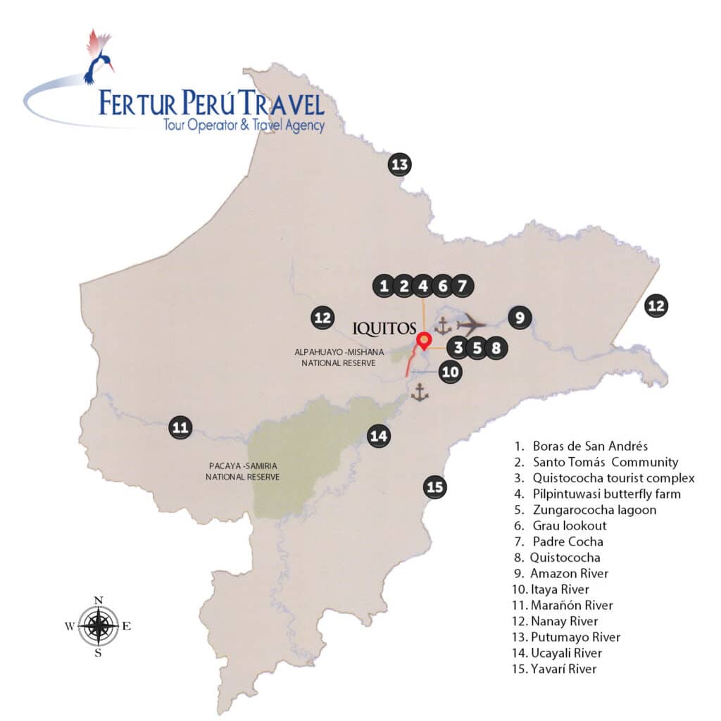 Map of the Loreto region centered on Iquitos, Peru, marking 15 key destinations including Boras de San Andrés, Santo Tomás Community, Quistococha tourist complex, Pilpintuwasi butterfly farm, Zungarococha lagoon, Grau lookout, and Padre Cocha, along with major rivers — Amazon, Itaya, Marañón, Nanay, Putumayo, Ucayali, and Yavarí — and the Pacaya Samiria and Alpahuayo-Mishana National Reserves.