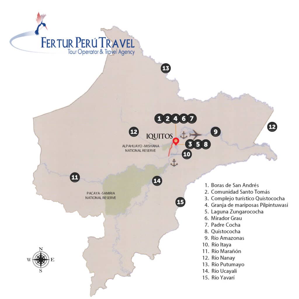 Mapa de la región Loreto centrado en la ciudad de Iquitos, Perú, con 15 destinos destacados: Boras de San Andrés, Comunidad Santo Tomás, el complejo turístico de Quistococha, la granja de mariposas Pilpintuwasi, la laguna Zungarococha, el mirador Grau y Padre Cocha, junto con los principales ríos — Amazonas, Itaya, Marañón, Nanay, Putumayo, Ucayali y Yavarí — y las reservas naturales Pacaya Samiria y Alpahuayo-Mishana.