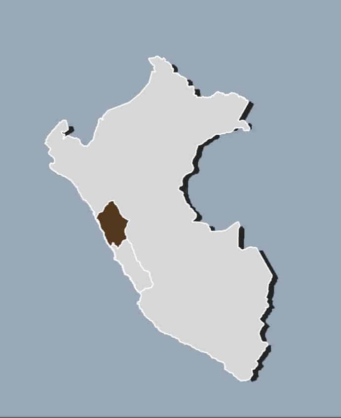 Mapa esquemático de Perú con la región Áncash–Huaraz resaltada en color marrón, ubicada en la zona centro-occidental del país.
