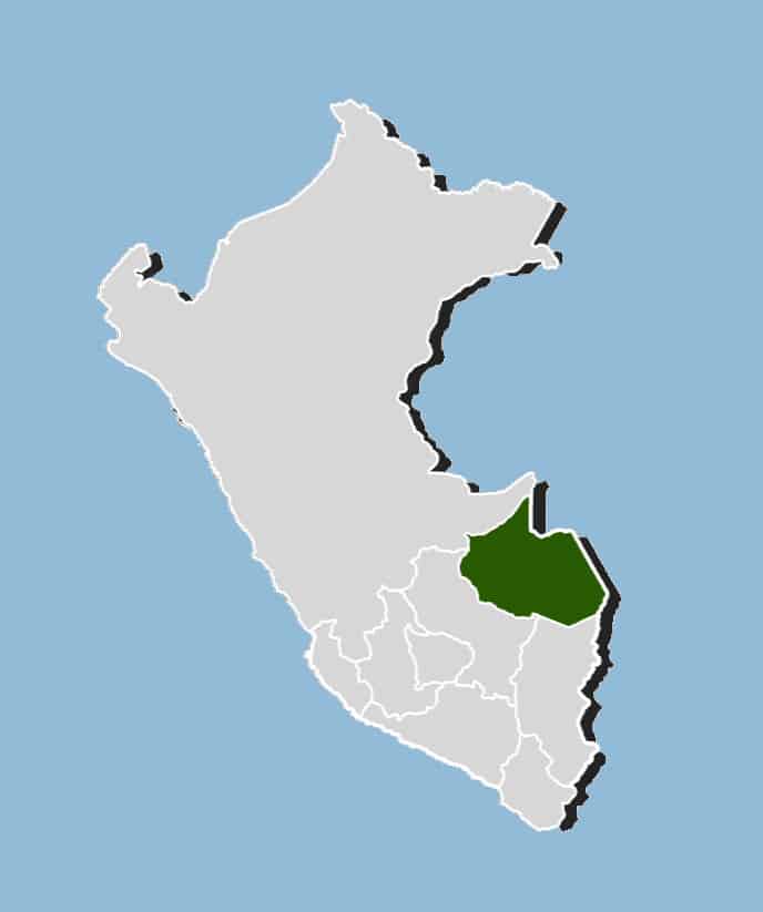 Mapa del Perú con la región Madre de Dios destacada en el sureste amazónico.