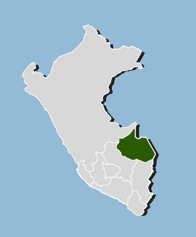 Ícono de mapa del Perú con la región Madre de Dios resaltada en verde en el sureste amazónico.