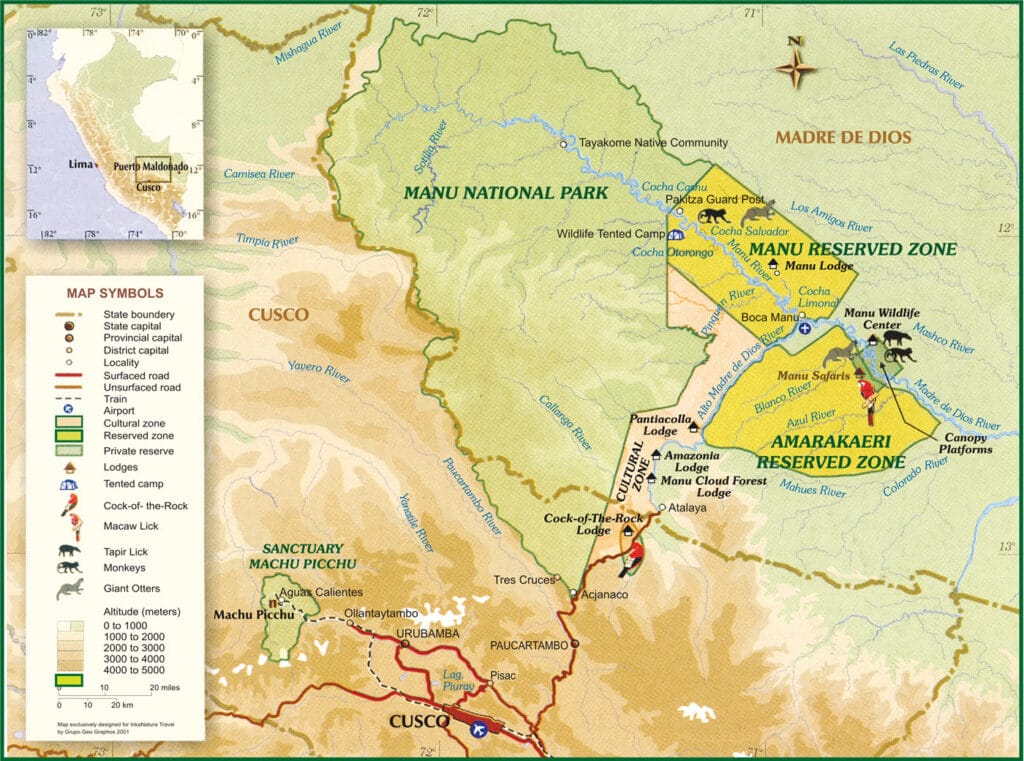 Mapa del Parque Nacional del Manu que muestra la ubicación de los alojamientos, incluyendo el Manu Lodge, el Manu Wildlife Center, el Pantiacolla Lodge, el Amazon Lodge y el Manu Cloud Forest Lodge.