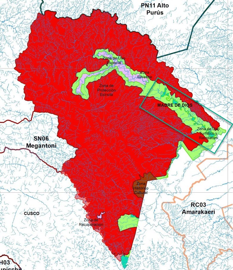 Mapa que muestra la Zona de Uso Turístico y Recreativo del Parque Nacional del Manu, Madre de Dios, Perú.