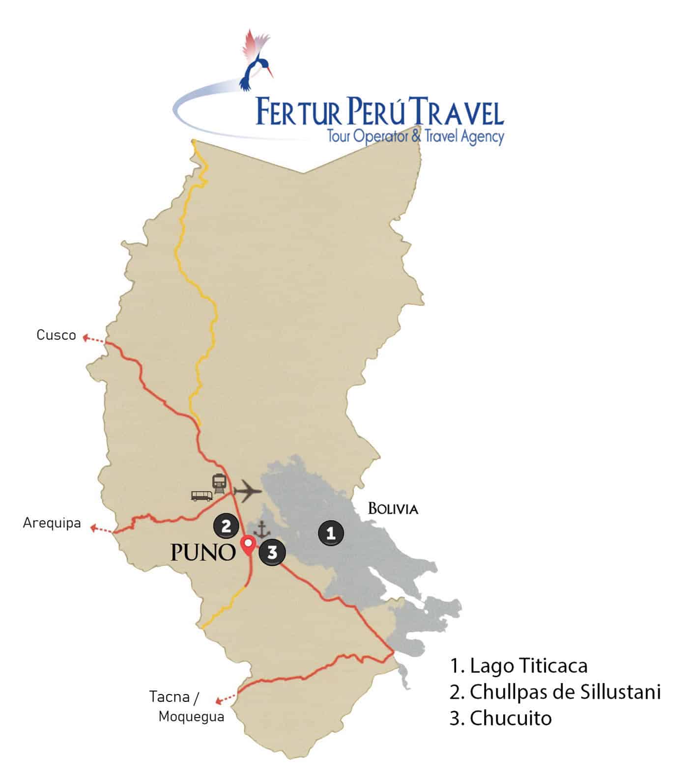 Mapa de Puno - conexciones a Cusco, Arequipa, Tacna/Moquegua y Bolivia