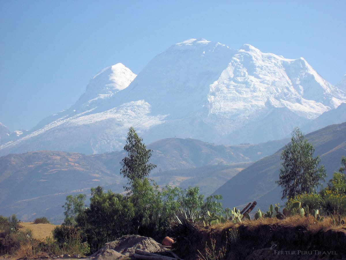 View from Huaraz of the ice-peaked summit of  Huascarán